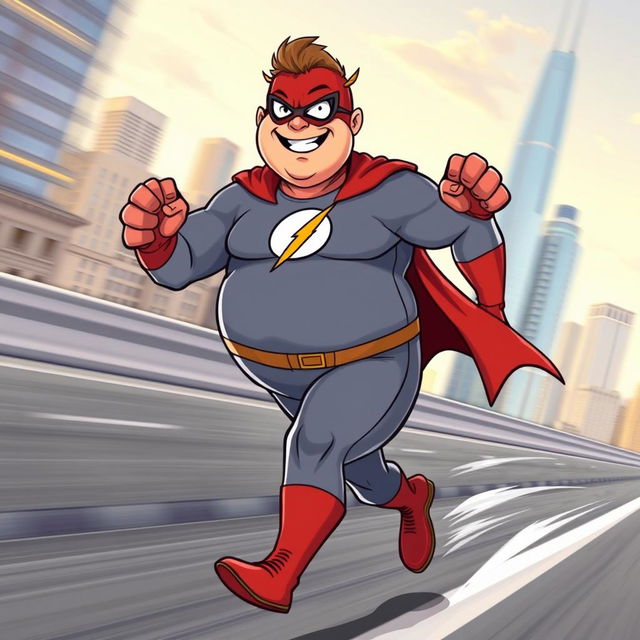 A light-hearted and humorous depiction of a superhero inspired by the Flash, humorously portrayed as a chubby character