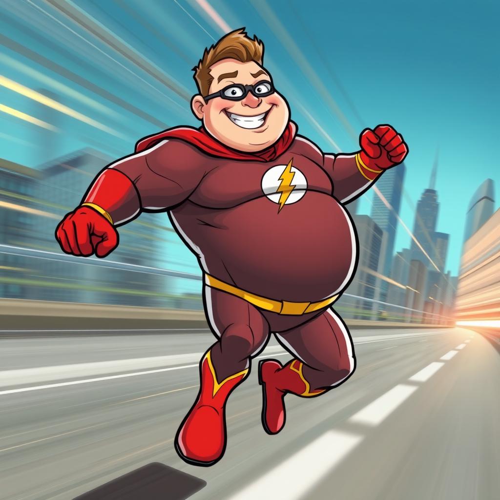 A light-hearted and humorous depiction of a superhero inspired by the Flash, humorously portrayed as a chubby character