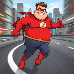 A light-hearted and humorous depiction of a superhero inspired by the Flash, humorously portrayed as a chubby character