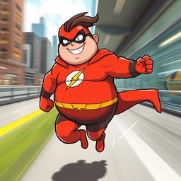 A light-hearted and humorous depiction of a superhero inspired by the Flash, humorously portrayed as a chubby character