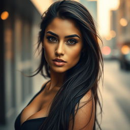 A stunning portrait of a woman inspired by Mia Khalifa, showcasing her as a confident and charismatic figure
