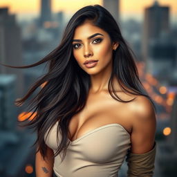 A stunning portrait of a woman inspired by Mia Khalifa, showcasing her as a confident and charismatic figure