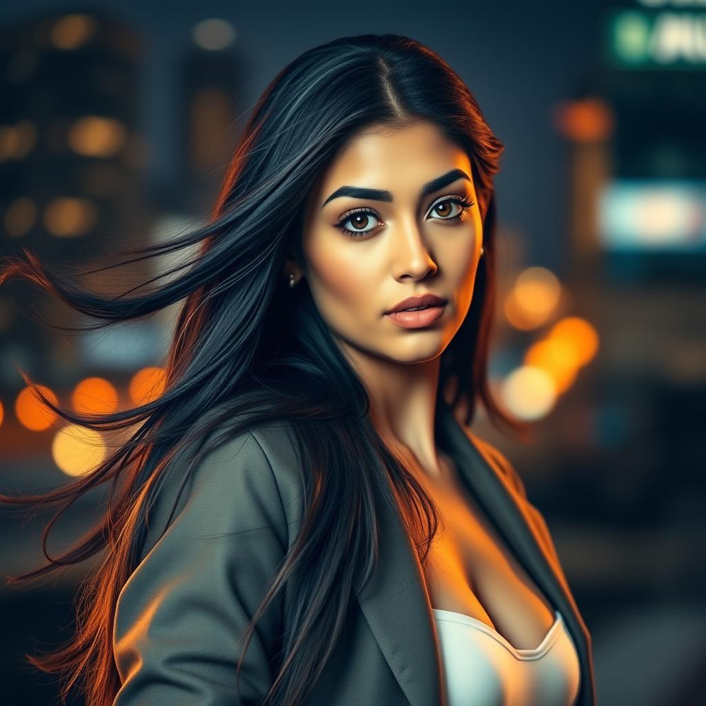 A stunning portrait of a woman inspired by Mia Khalifa, showcasing her as a confident and charismatic figure