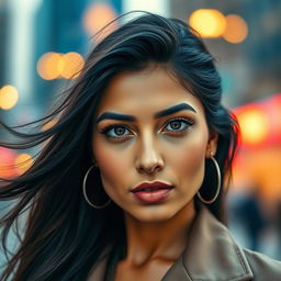A stunning portrait of a woman inspired by Mia Khalifa, showcasing her as a confident and charismatic figure