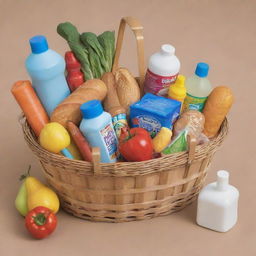 A cartoon-style market basket filled with assorted food items and cleaning supplies.