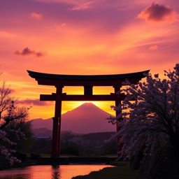 A breathtaking scene of a traditional Torii gate silhouetted against a vibrant sunrise, with the iconic Mount Fuji majestically rising in the background
