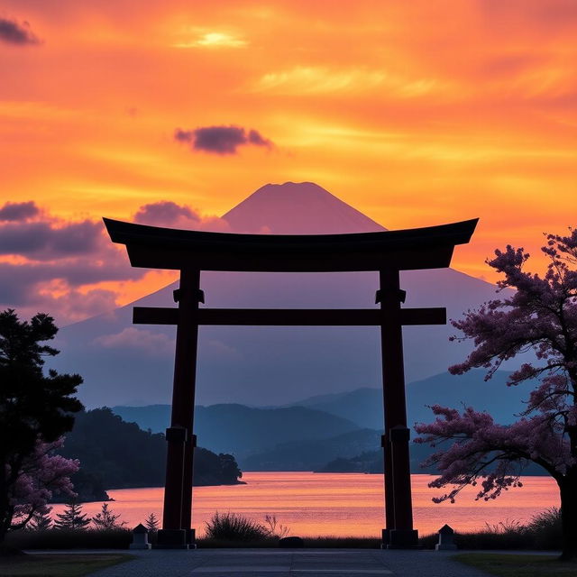 A breathtaking scene of a traditional Torii gate silhouetted against a vibrant sunrise, with the iconic Mount Fuji majestically rising in the background