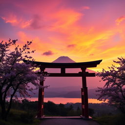 A breathtaking scene of a traditional Torii gate silhouetted against a vibrant sunrise, with the iconic Mount Fuji majestically rising in the background