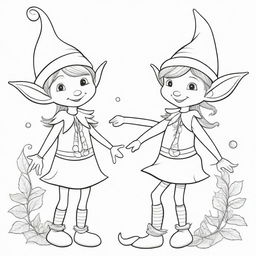 A whimsical, two-dimensional black and white outline of playful elves for a coloring page.