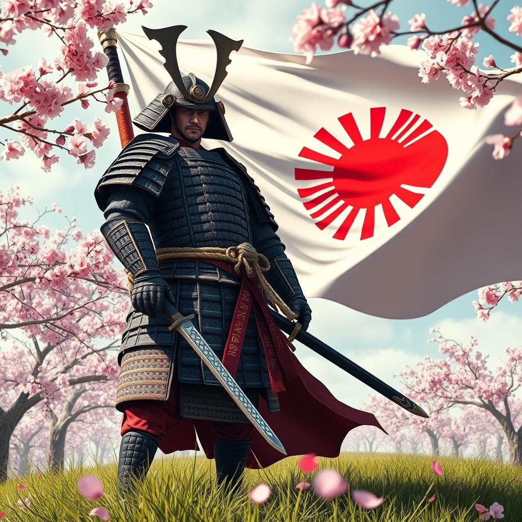 A fierce Japanese samurai warrior standing proudly, adorned in traditional samurai armor, with the iconic Japanese Imperial flag unfurling in the background