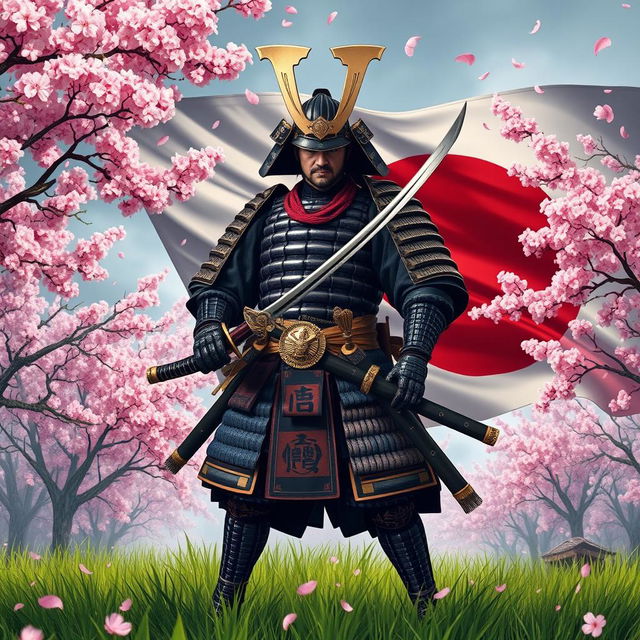 A fierce Japanese samurai warrior standing proudly, adorned in traditional samurai armor, with the iconic Japanese Imperial flag unfurling in the background