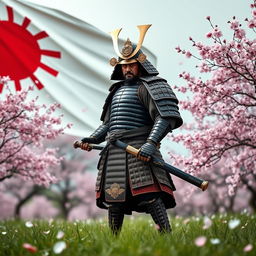 A fierce Japanese samurai warrior standing proudly, adorned in traditional samurai armor, with the iconic Japanese Imperial flag unfurling in the background