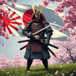A fierce Japanese samurai warrior standing proudly, adorned in traditional samurai armor, with the iconic Japanese Imperial flag unfurling in the background