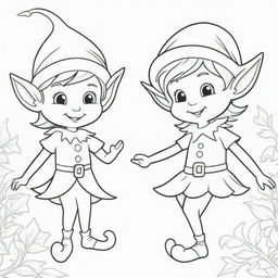 A whimsical, two-dimensional black and white outline of playful elves for a coloring page.