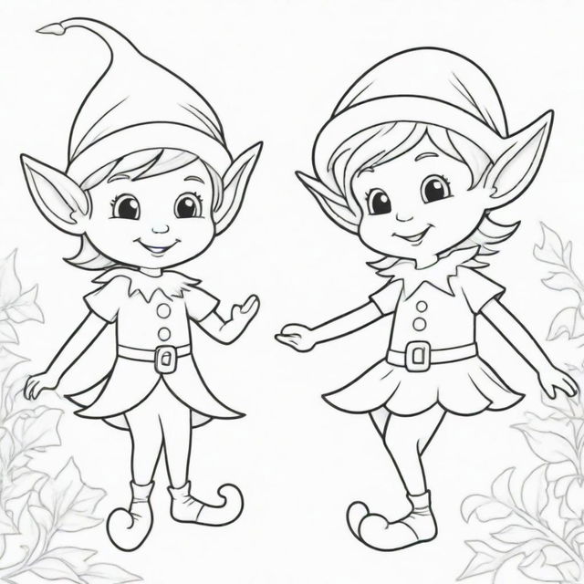 A whimsical, two-dimensional black and white outline of playful elves for a coloring page.