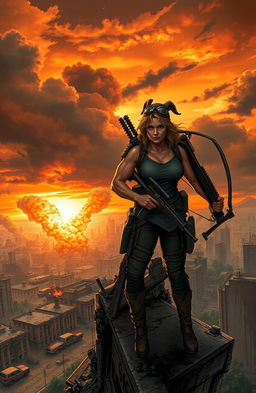 A dramatic scene from an apocalypse novel featuring a rugged male survivor with a beard and a determined female warrior with a fierce expression