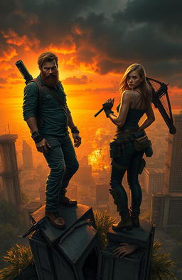 A dramatic scene from an apocalypse novel featuring a rugged male survivor with a beard and a determined female warrior with a fierce expression