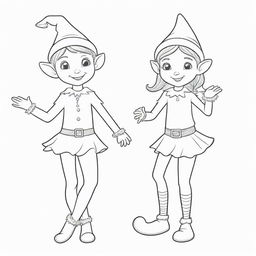 A whimsical, two-dimensional black and white outline of playful elves for a coloring page.