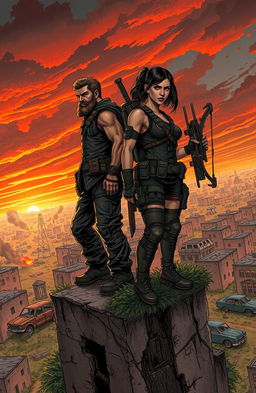 A dramatic scene from an apocalypse novel featuring a rugged male survivor with a beard and a determined female warrior with a fierce expression