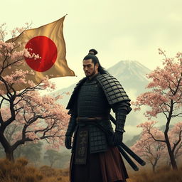 A lone rōnin stands in a serene Japanese landscape, wearing traditional samurai armor with a tattered and faded Japanese Imperial flag billowing softly behind him