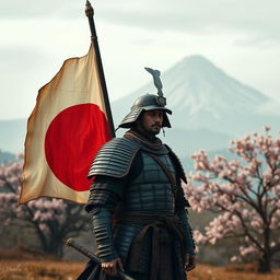 A lone rōnin stands in a serene Japanese landscape, wearing traditional samurai armor with a tattered and faded Japanese Imperial flag billowing softly behind him