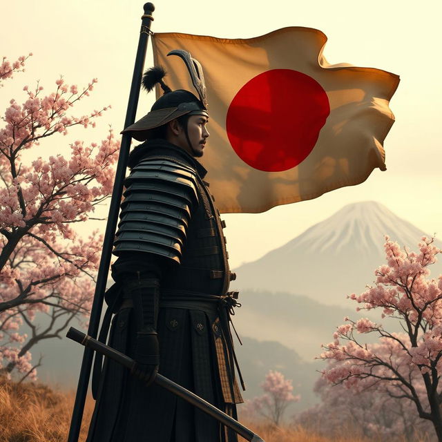 A lone rōnin stands in a serene Japanese landscape, wearing traditional samurai armor with a tattered and faded Japanese Imperial flag billowing softly behind him