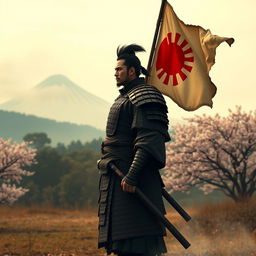 A lone rōnin stands in a serene Japanese landscape, wearing traditional samurai armor with a tattered and faded Japanese Imperial flag billowing softly behind him