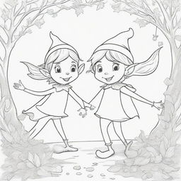 A whimsical, two-dimensional black and white outline of playful elves for a coloring page.