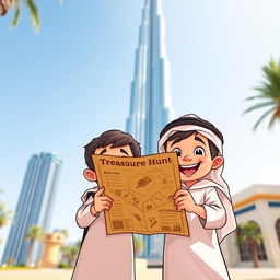 Two Emirati boys, dressed in traditional attire, excitedly holding a treasure map under the iconic Burj Khalifa