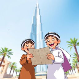Two Emirati boys, dressed in traditional attire, excitedly holding a treasure map under the iconic Burj Khalifa