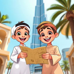 Two Emirati boys, dressed in traditional attire, excitedly holding a treasure map under the iconic Burj Khalifa