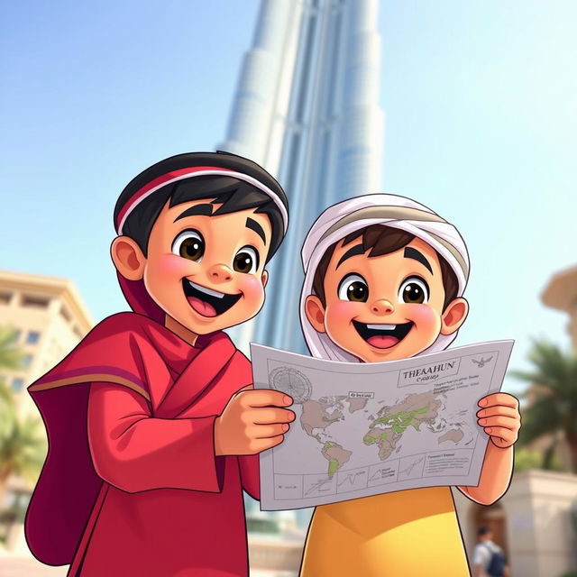 Two Emirati boys, dressed in traditional attire, excitedly holding a treasure map under the iconic Burj Khalifa