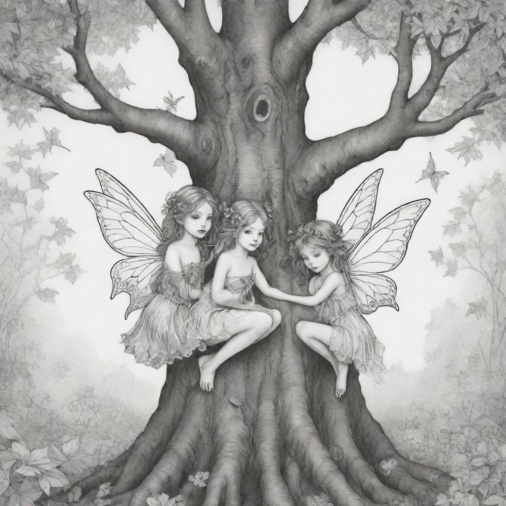 A mystical, two-dimensional black and white outline of enchanting fairies nestled in a tree for a colouring page.