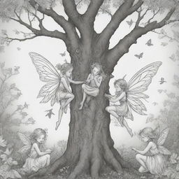 A mystical, two-dimensional black and white outline of enchanting fairies nestled in a tree for a colouring page.