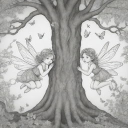 A mystical, two-dimensional black and white outline of enchanting fairies nestled in a tree for a colouring page.