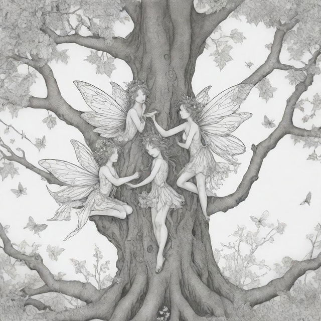 A mystical, two-dimensional black and white outline of enchanting fairies nestled in a tree for a colouring page.