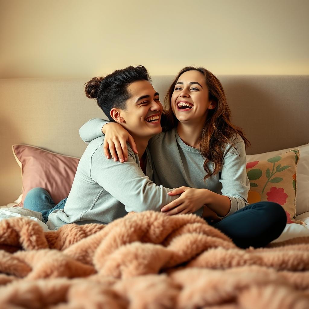 A joyful young couple embracing on a plush, neatly made bed, with soft, warm lighting creating a cozy atmosphere