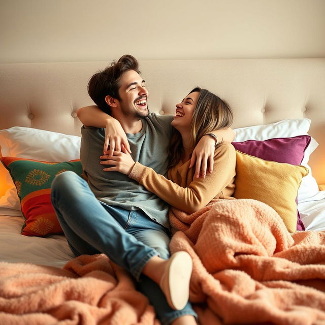 A joyful young couple embracing on a plush, neatly made bed, with soft, warm lighting creating a cozy atmosphere