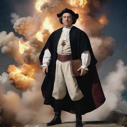 An image of Christopher Columbus in classic attire, standing confidently with a large, dynamic explosion in the background.