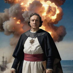 An image of Christopher Columbus in classic attire, standing confidently with a large, dynamic explosion in the background.