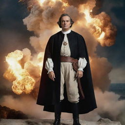 An image of Christopher Columbus in classic attire, standing confidently with a large, dynamic explosion in the background.