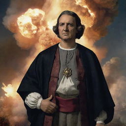 An image of Christopher Columbus in classic attire, standing confidently with a large, dynamic explosion in the background.