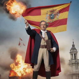 The image of Christopher Columbus in classic attire now also holding a waving Spanish flag, all staged in front of a large, dynamic explosion.