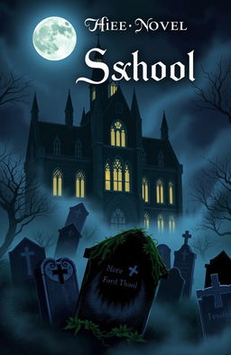 A haunting and atmospheric book cover illustration featuring a shadowy, eerie school building looming over a graveyard, surrounded by fog and mist