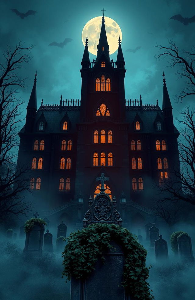 A haunting and atmospheric book cover illustration featuring a shadowy, eerie school building looming over a graveyard, surrounded by fog and mist