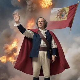 The image of Christopher Columbus in classic attire now also holding a waving Spanish flag, all staged in front of a large, dynamic explosion.