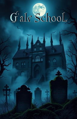 A haunting and atmospheric book cover illustration featuring a shadowy, eerie school building looming over a graveyard, surrounded by fog and mist