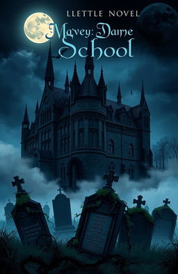 A haunting and atmospheric book cover illustration featuring a shadowy, eerie school building looming over a graveyard, surrounded by fog and mist