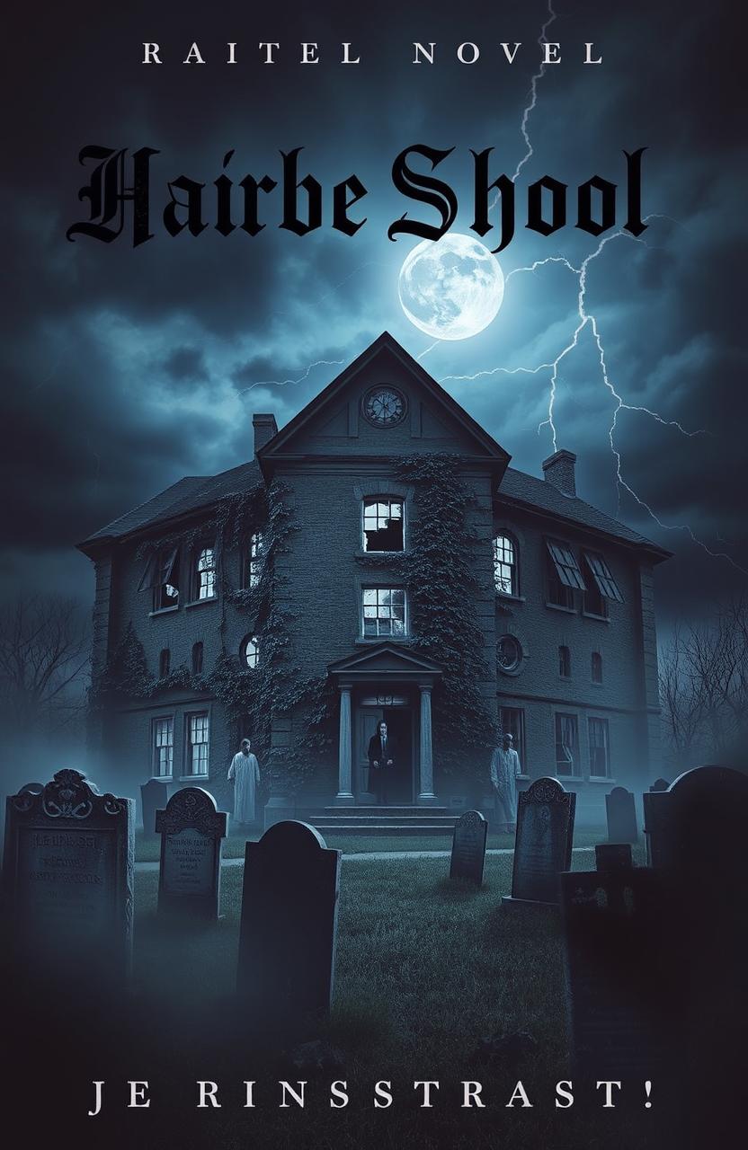 A hauntingly atmospheric novel cover depicting a creepy, abandoned school building that stands ominously over a graveyard