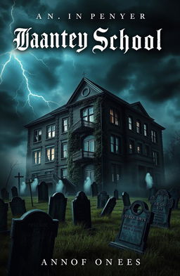A hauntingly atmospheric novel cover depicting a creepy, abandoned school building that stands ominously over a graveyard